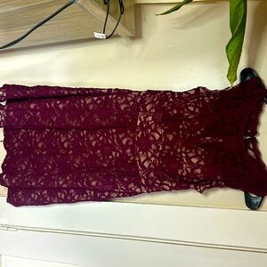Size 8 maroon lace cocktail dress. Sheer dark red lace with nude under layer